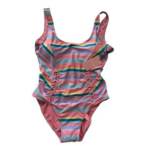 Juicy Couture One Piece Swimsuit Lacing Detail Pink Stripe Size 1X NWT